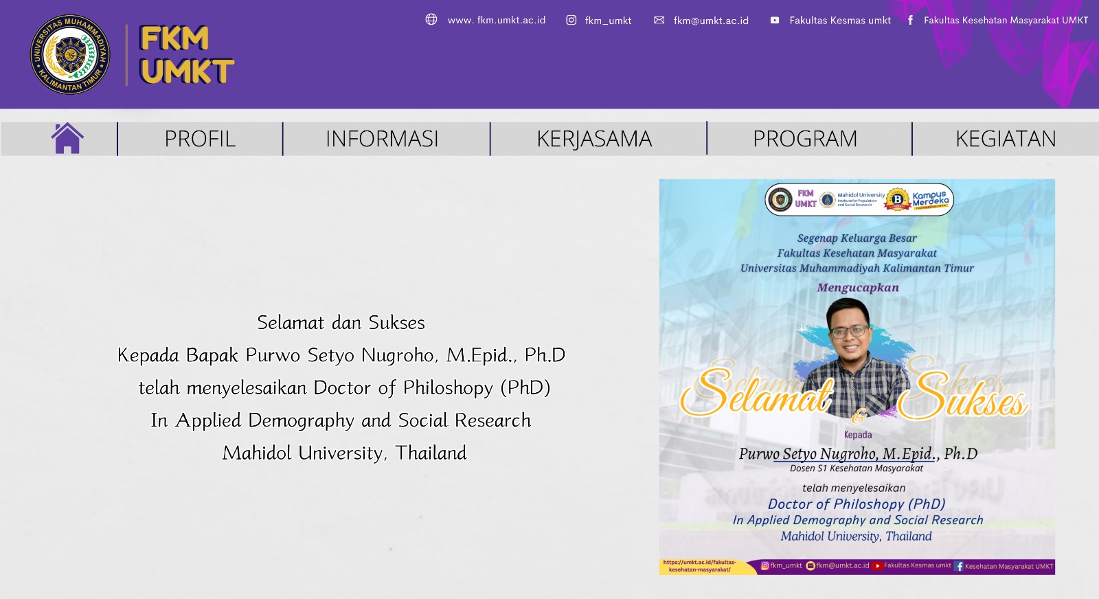Selamat dan Sukses Bapak Purwo Setiyo Nugroho, M.Epid. Ph.D. telah Menyelsaikan Doctor of Philoshopy (Ph.D) di Mahidol University