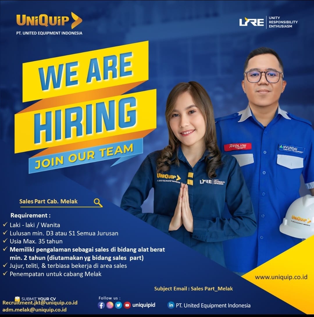 [INFO LOKER] PT. United Equipment Indonesia Buka Lowongan Sales Part untuk Cabang Melak