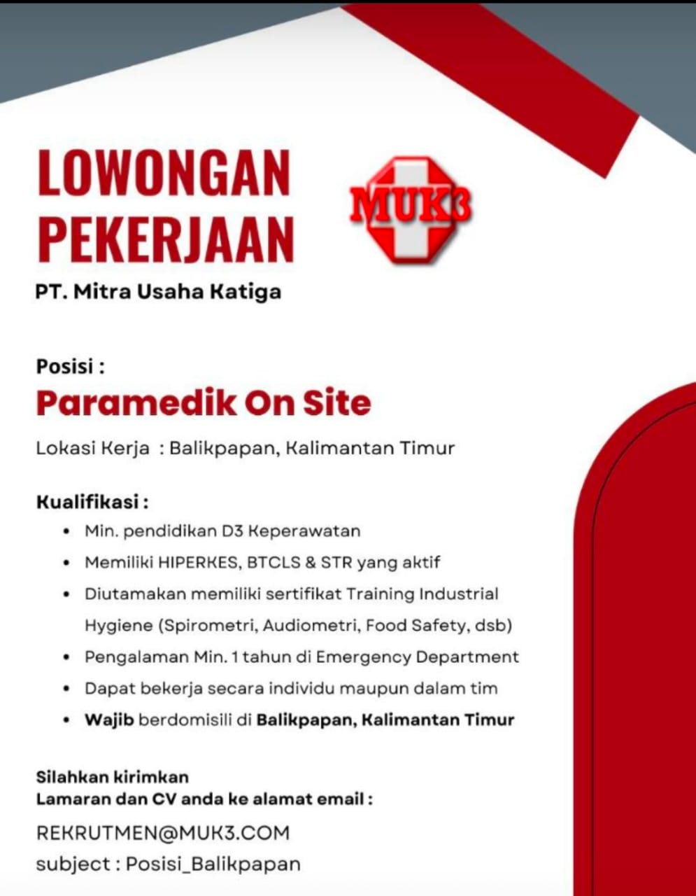 [INFO LOKER] PT. Mitra Usaha Katiga Buka Lowongan Paramedik On Site di Balikpapan